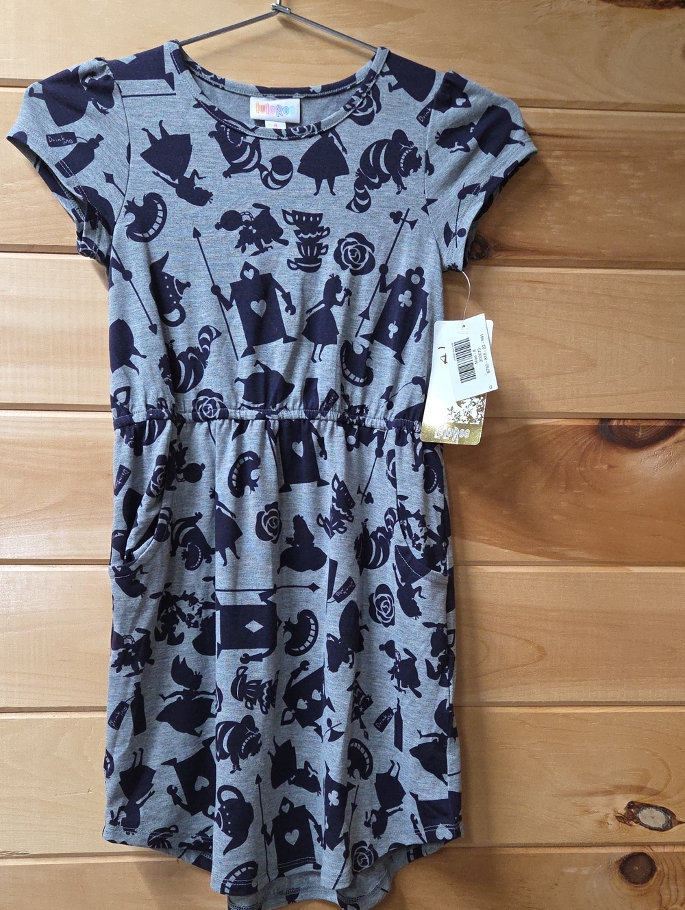 LuLaRoe Disney Alice In Wonderland Mae Gray Dress with Cheshire Cat